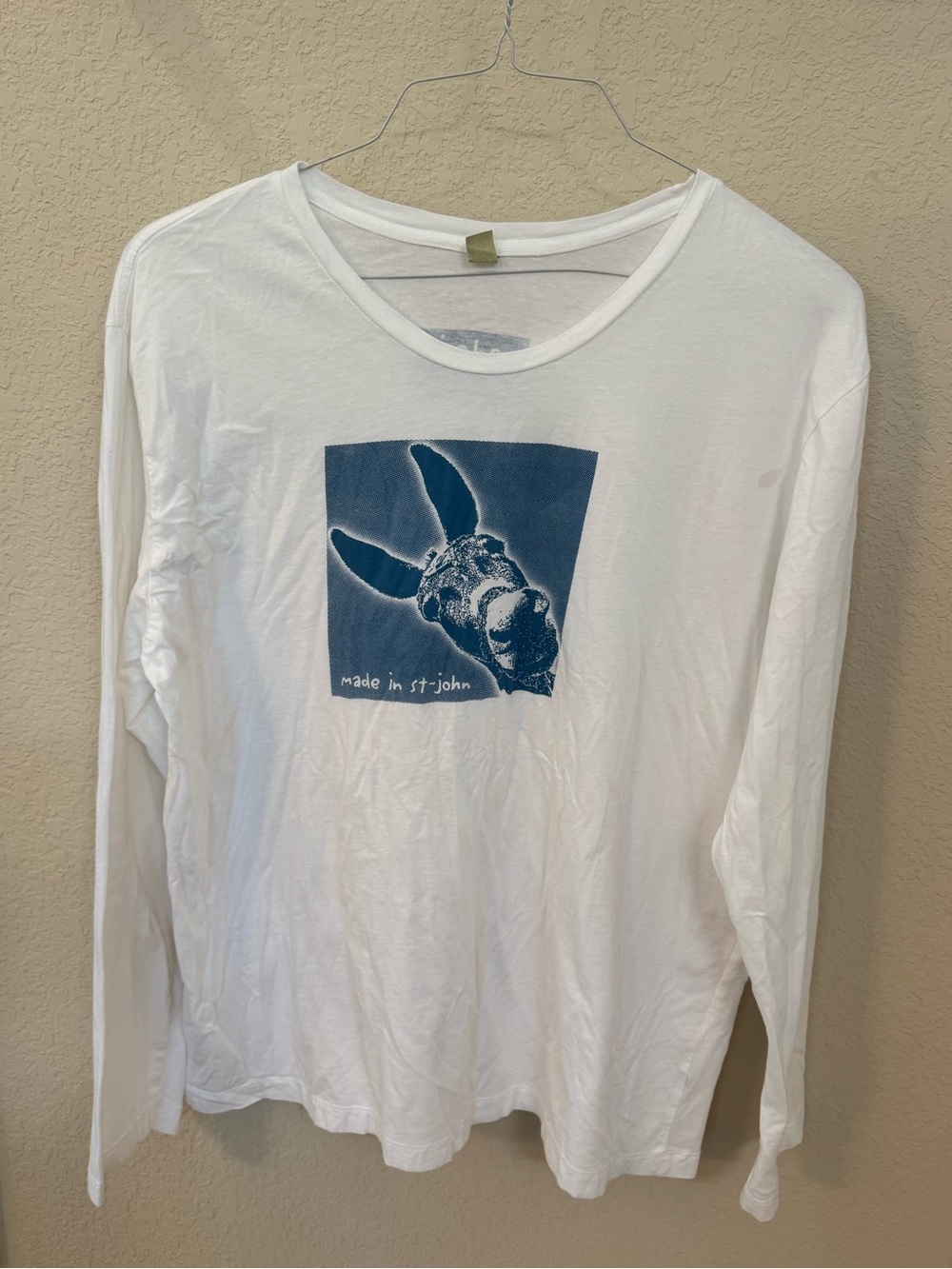 Alternative White Long Sleeve Tee with Light Blue Graphic, Made in St. John.